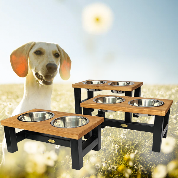 1 - Dog dining table / wooden food bowl (Black base / Oak top / 2 x 21 –  Handmade by Penninkhof